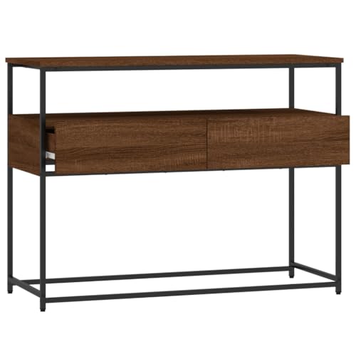 Brown Oak Narrow Console Table with 2 Drawers & Shelf S768