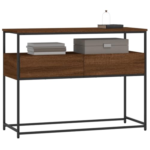 Brown Oak Narrow Console Table with 2 Drawers & Shelf S768