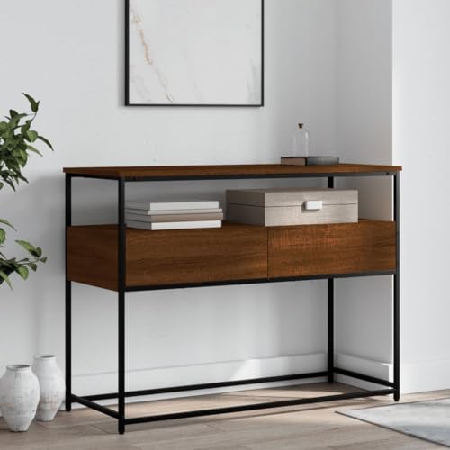 Brown Oak Narrow Console Table with 2 Drawers & Shelf S768