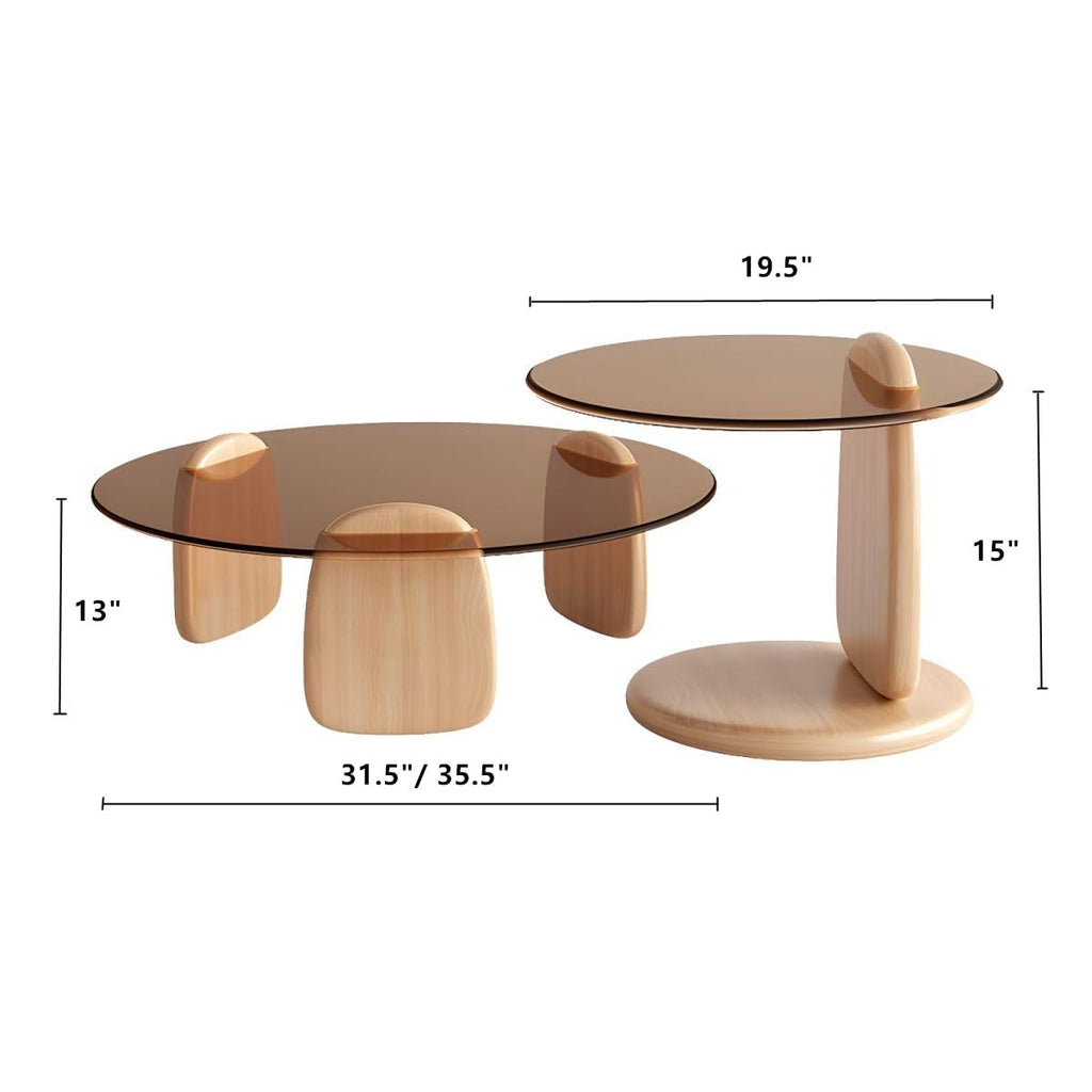 Nesting Coffee Table Set of 2 Glass Round Top Wood Legs D8780