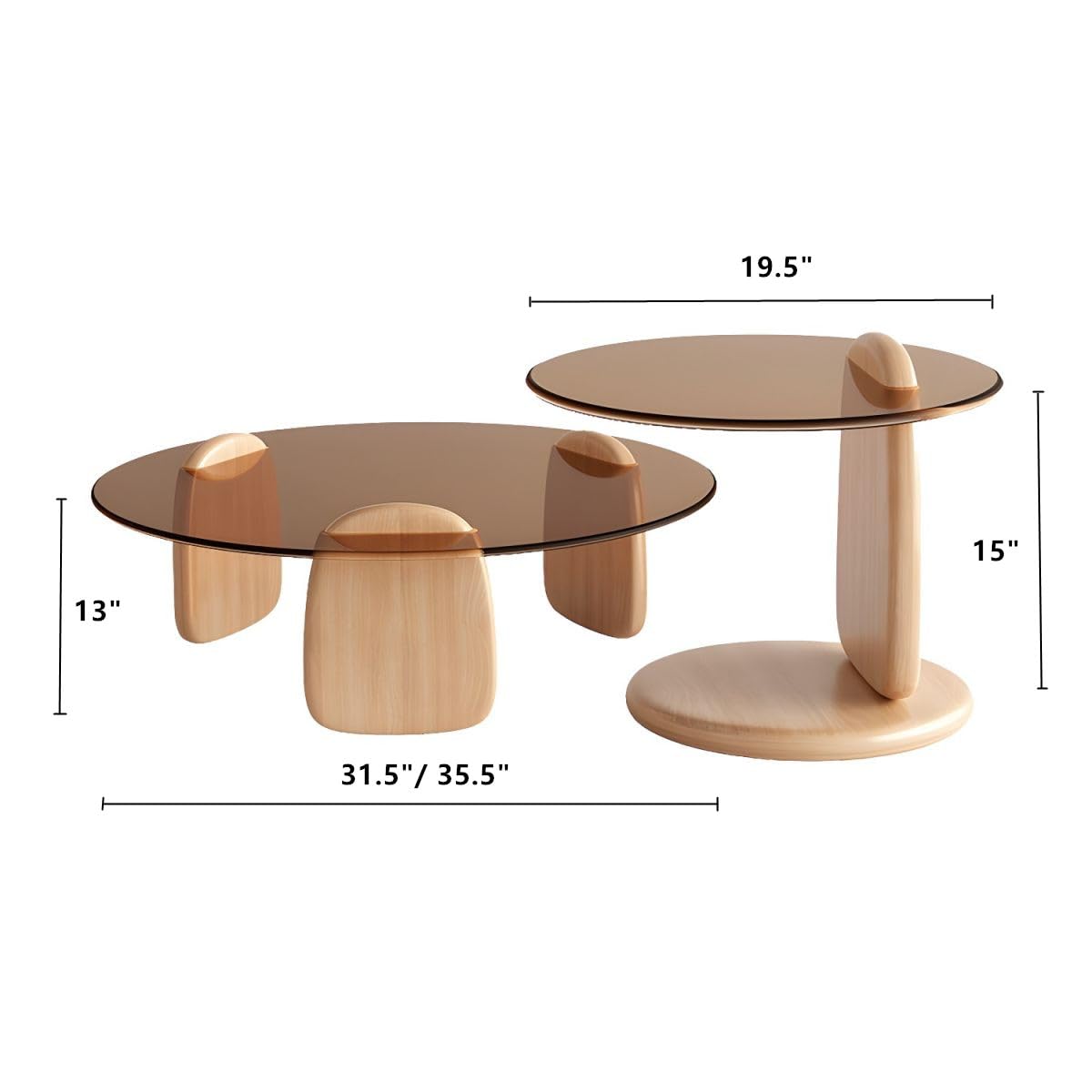 Nesting Coffee Table Set of 2 Glass Round Top Wood Legs D8780