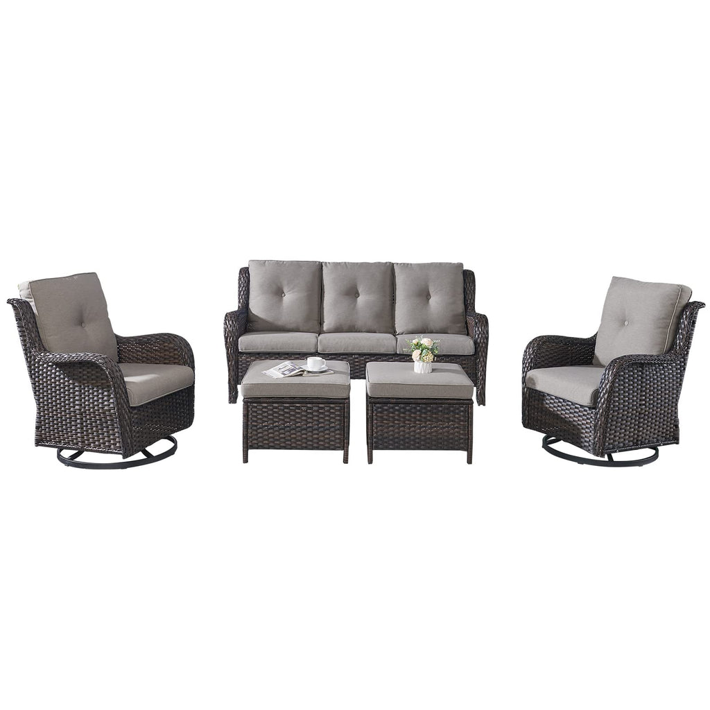 5 Piece Rattan Wicker Patio Furniture Set with Swivel Rocker Chairs Ottomans and Sofa U453