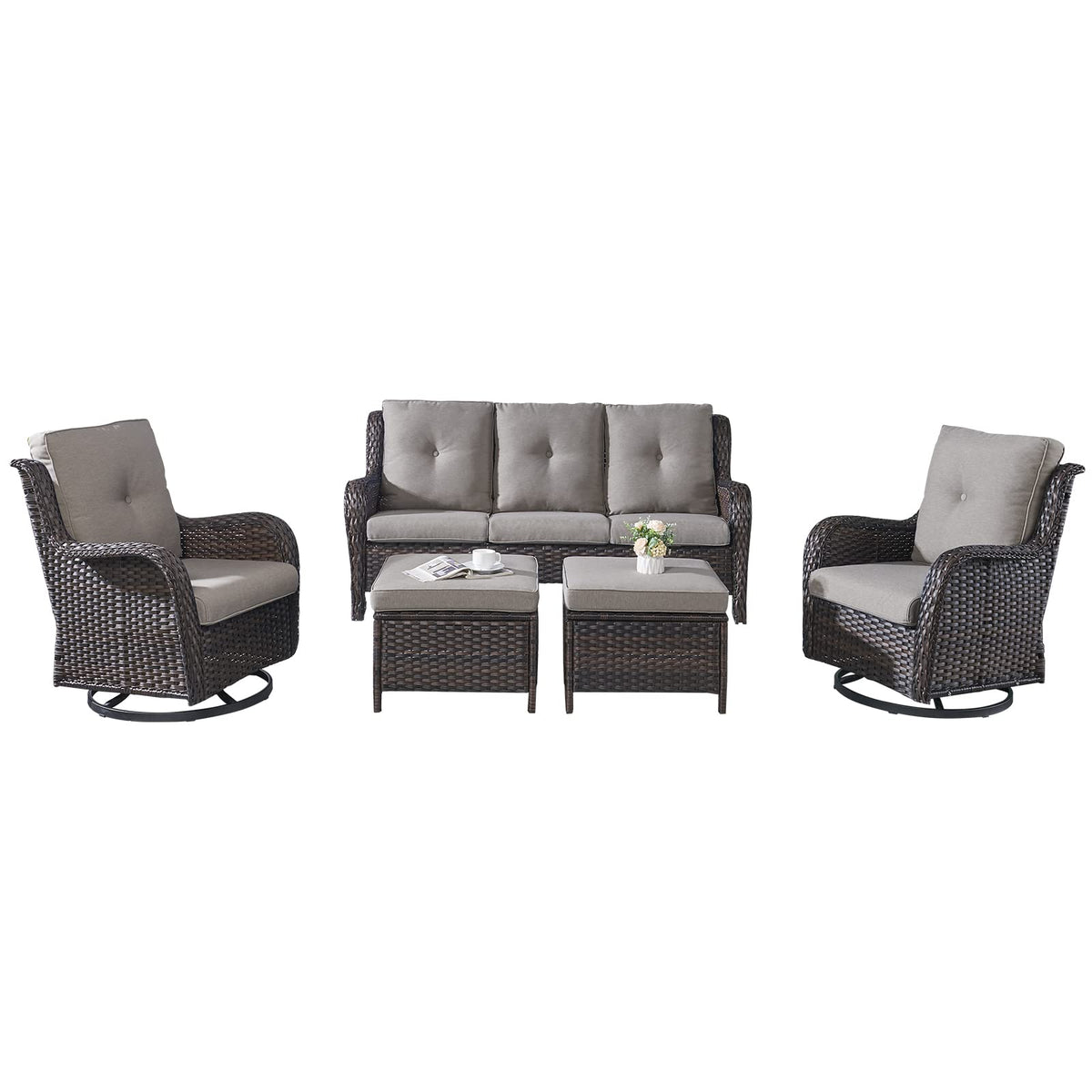 5 Piece Rattan Wicker Patio Furniture Set with Swivel Rocker Chairs Ottomans and Sofa U453