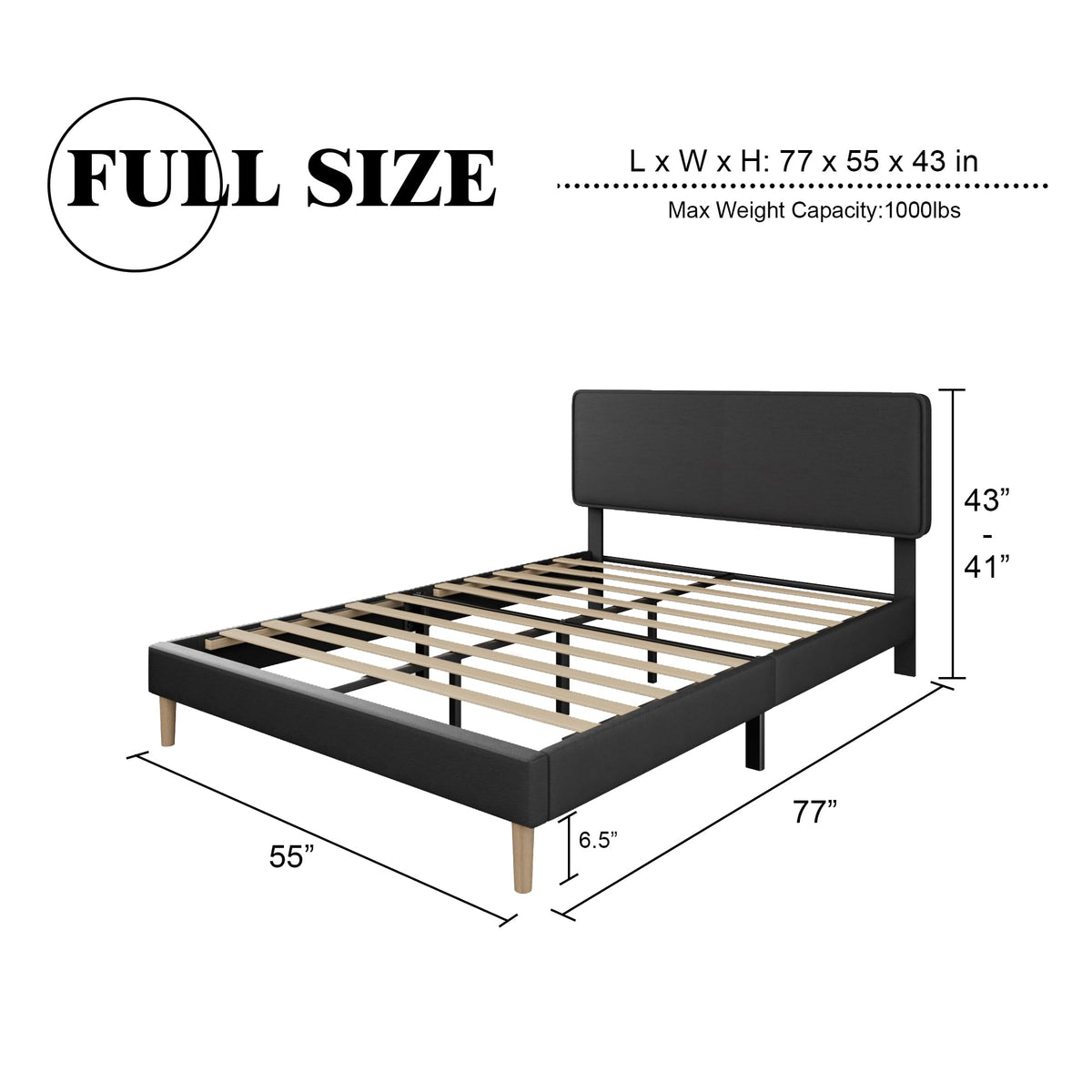 Black Full Size Upholstered Platform Bed Frame with Adjustable Headboard N825