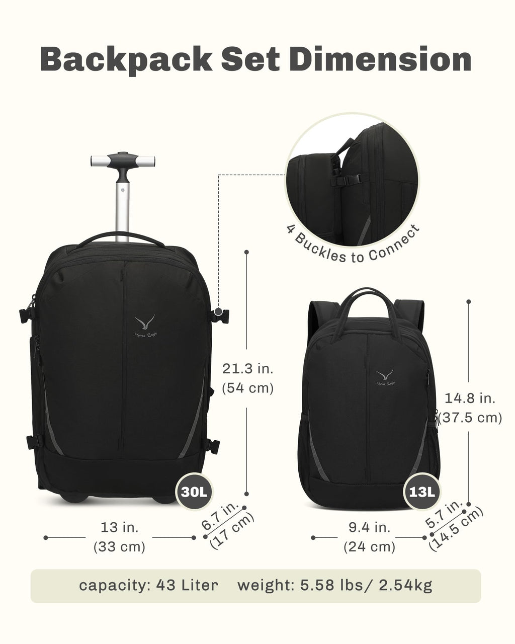 Rolling Backpack with Wheels 43L Jet Black J56438