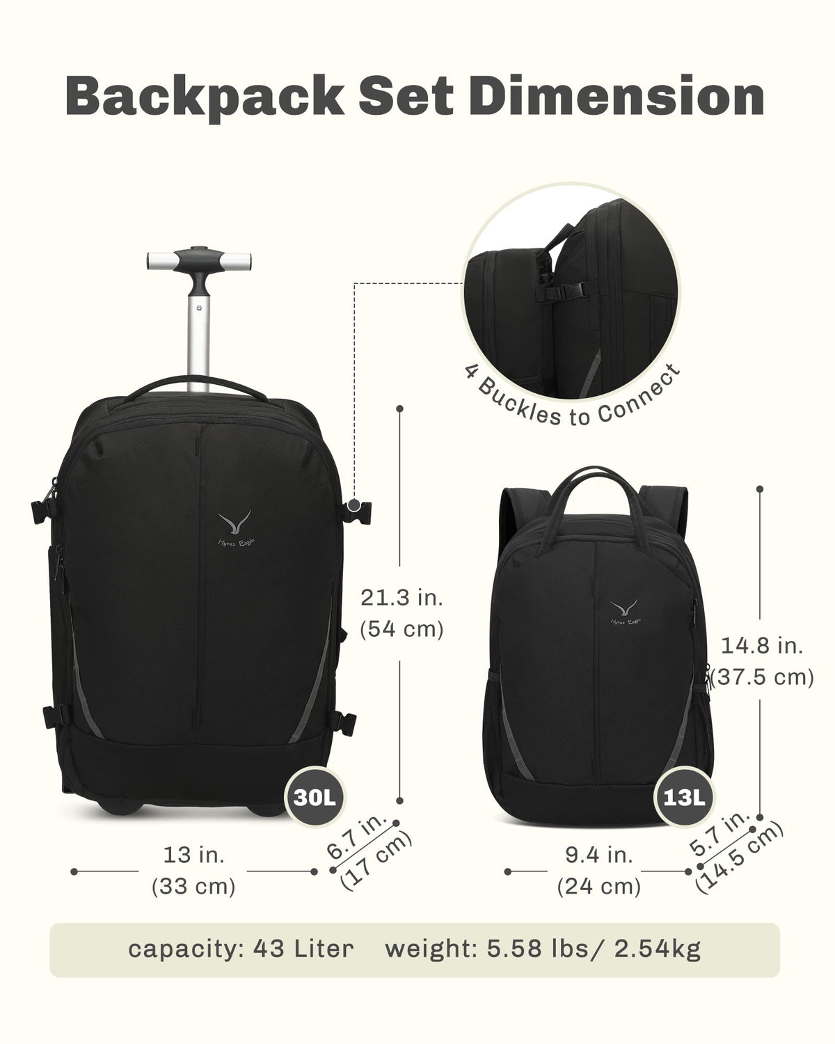 Rolling Backpack with Wheels 43L Jet Black J56438