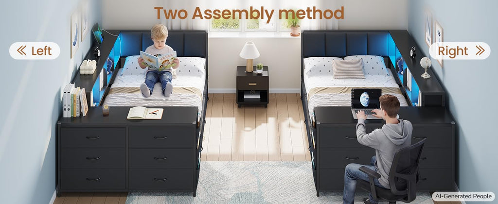 Twin Corner Bed with 6 Storage Dressers, 3 Drawers & Bookcase, Charging Station and LED Light, Desk, Upholstered Headboard, Black S92803