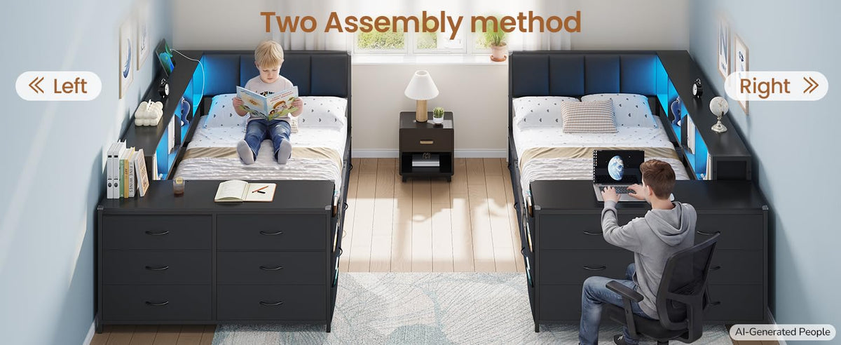 Twin Corner Bed with 6 Storage Dressers, 3 Drawers & Bookcase, Charging Station and LED Light, Desk, Upholstered Headboard, Black S92803