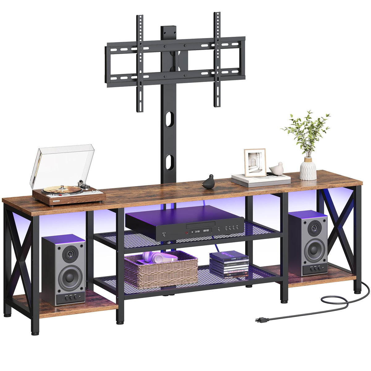 Rustic Brown 3-Tier TV Stand with Swivel Mount and Power Outlet D250858