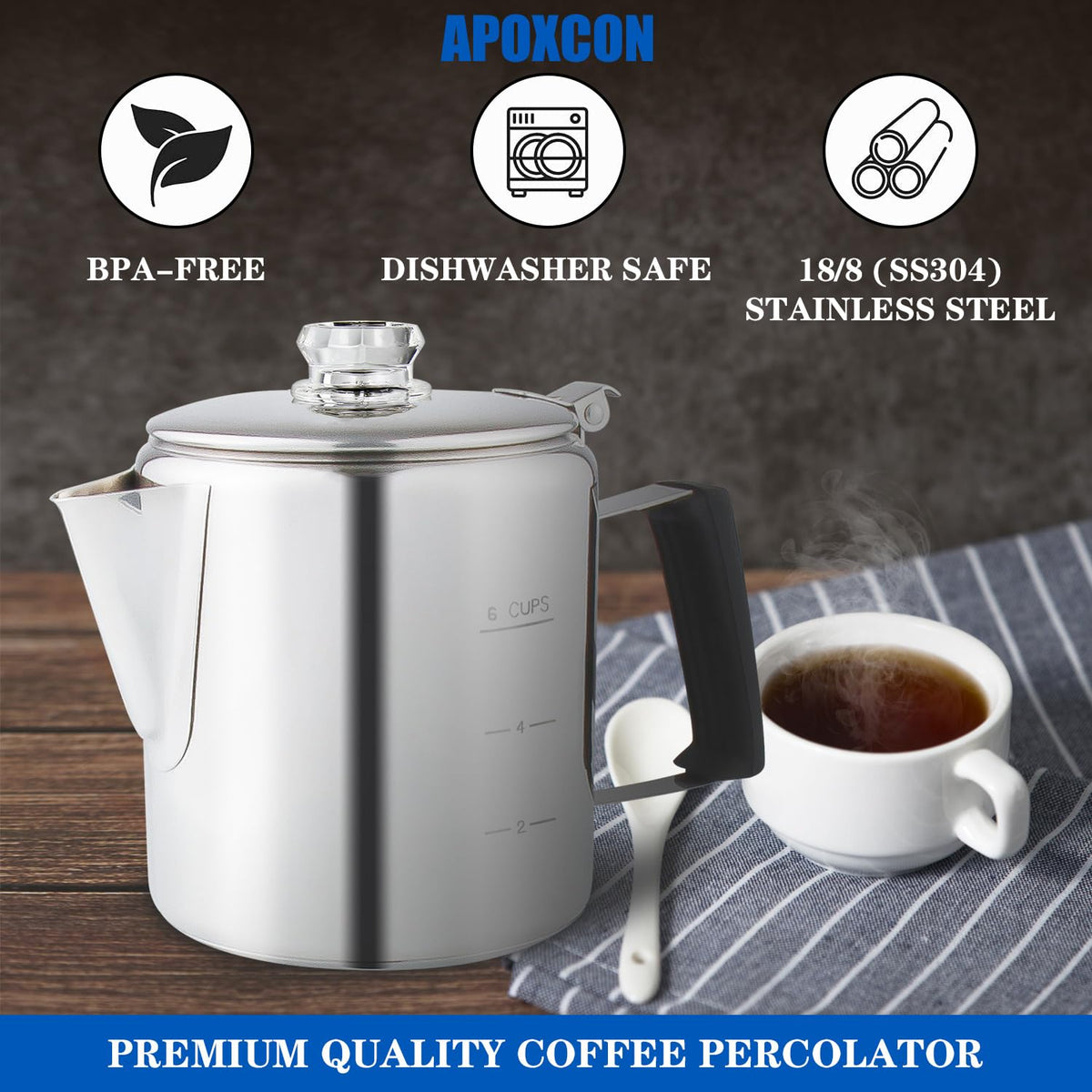 Stainless Steel Stove Top Percolator Coffee Pot 6 Cup U66121