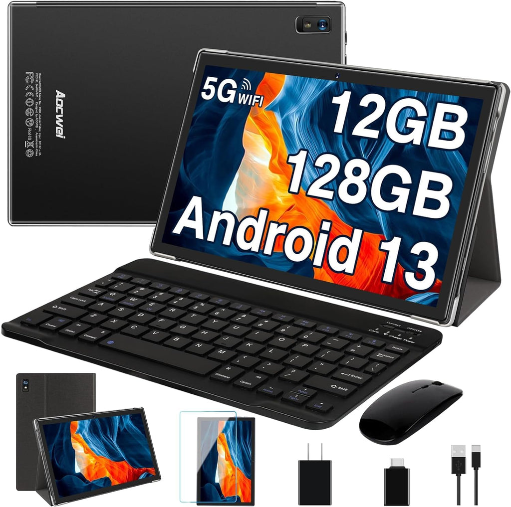 Black 12GB RAM 128GB ROM 10 Inch Android Tablet with Keyboard X7356