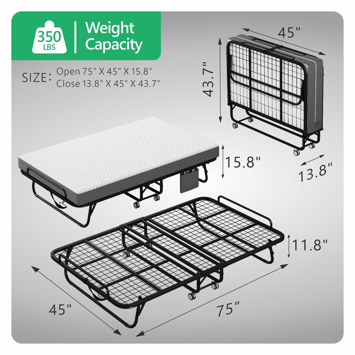 Folding Twin XL Size Bed with Memory Foam Mattress F690