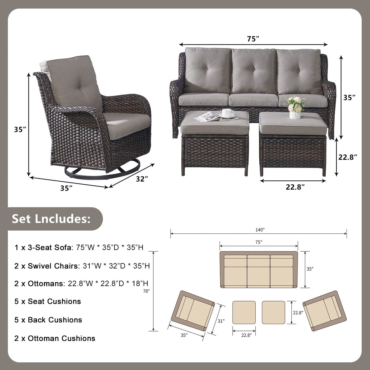 5 Piece Rattan Wicker Patio Furniture Set with Swivel Rocker Chairs Ottomans and Sofa U453