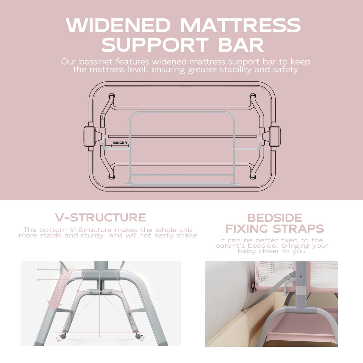 Baby Bassinet Bedside Crib with Mattress & Sheet, 4-Sided Mesh, Pink U3614