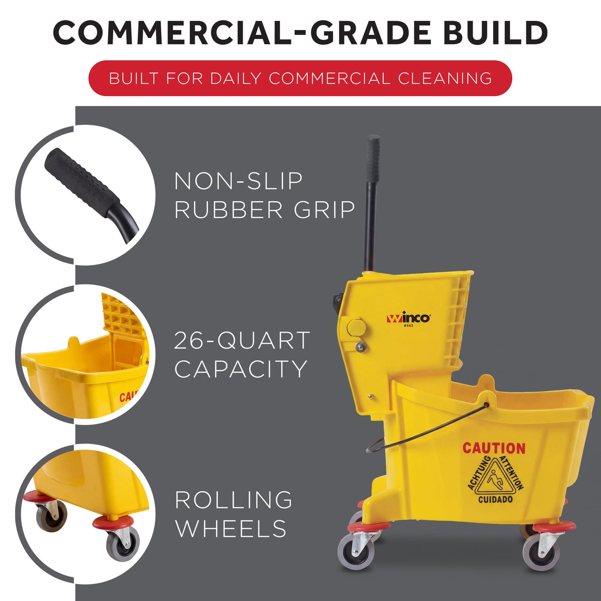 26 qt Yellow Plastic Mop Bucket on Wheels P64323