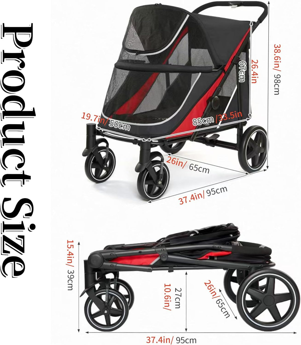 4 Wheel Foldable Dog Stroller with Mesh & Sunroof S2178