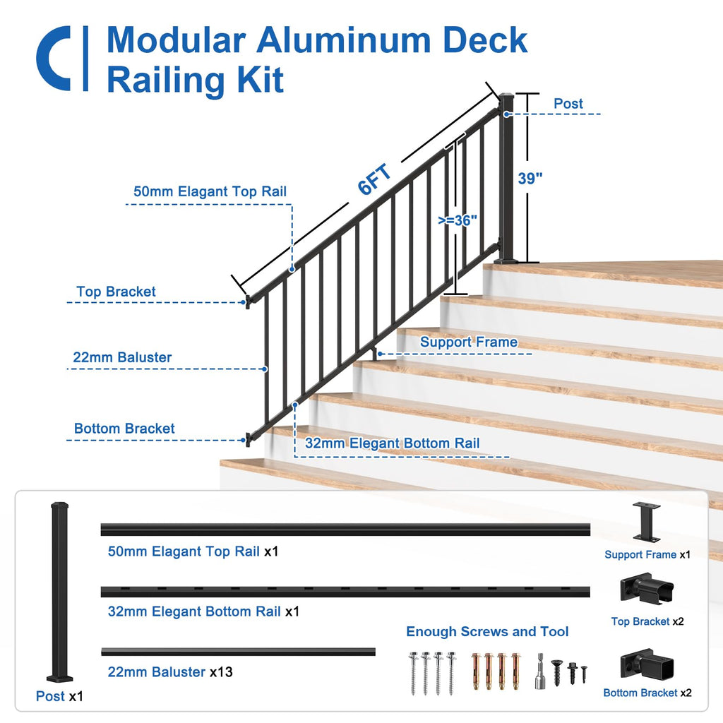 1 Pack 36 in. H x 6 ft. W Aluminum Stair Railing Kit with Post P33771