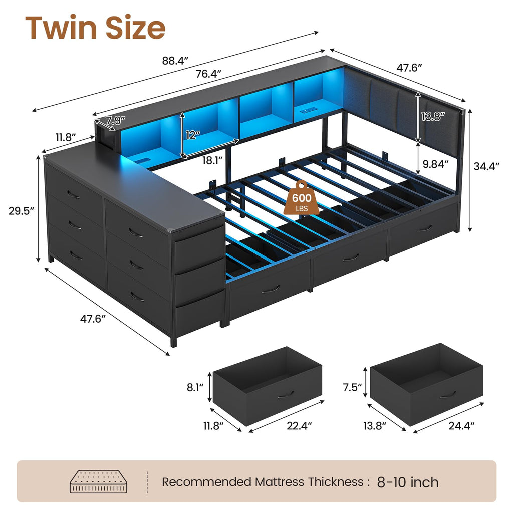 Twin Corner Bed with 6 Storage Dressers, 3 Drawers & Bookcase, Charging Station and LED Light, Desk, Upholstered Headboard, Black S92803