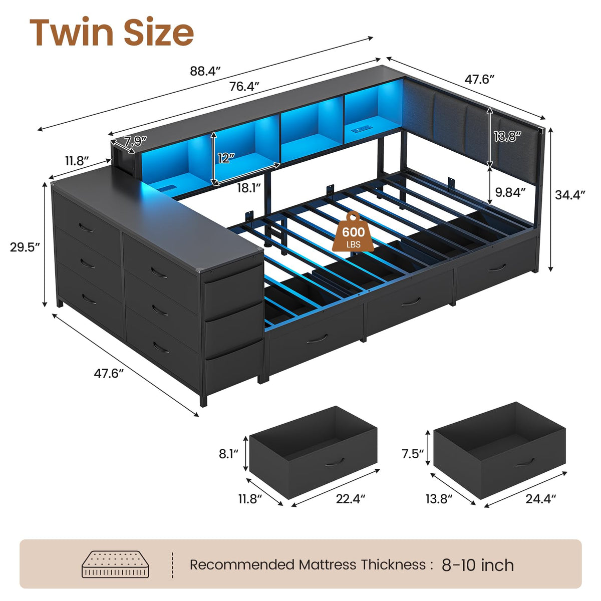 Twin Corner Bed with 6 Storage Dressers, 3 Drawers & Bookcase, Charging Station and LED Light, Desk, Upholstered Headboard, Black S92803