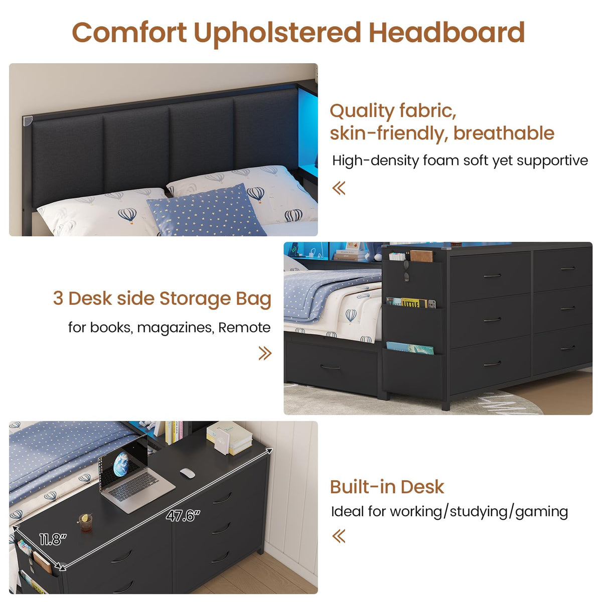 Twin Corner Bed with 6 Storage Dressers, 3 Drawers & Bookcase, Charging Station and LED Light, Desk, Upholstered Headboard, Black S92803