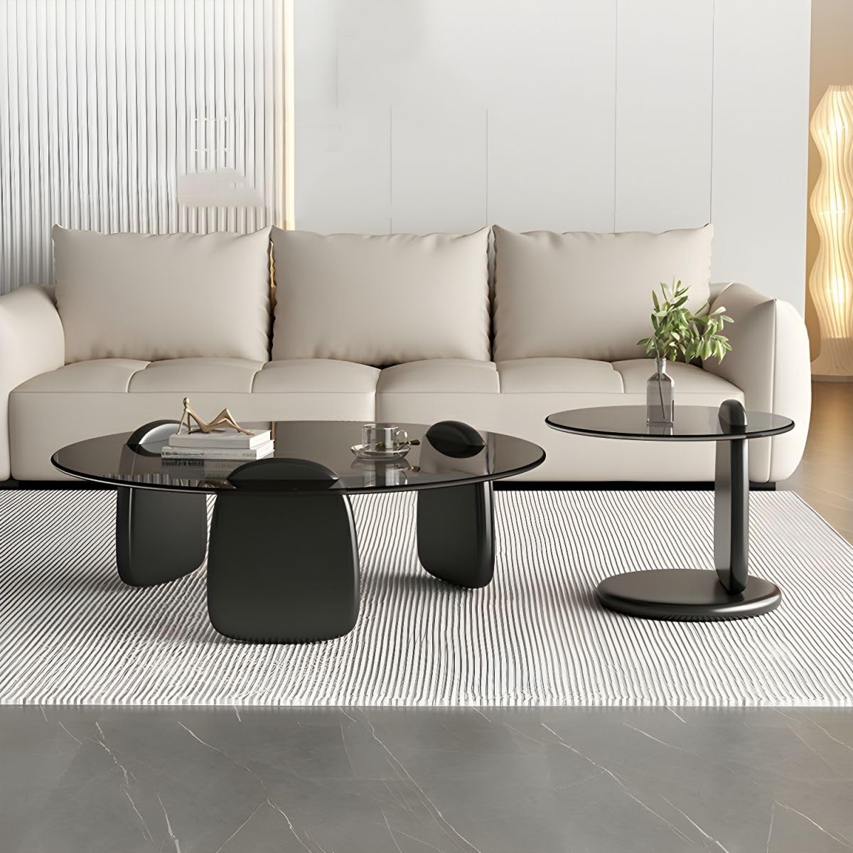 Nesting Coffee Table Set of 2 Glass Round Top Wood Legs D8780