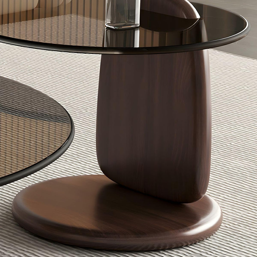 Nesting Coffee Table Set of 2 Glass Round Top Wood Legs D8780