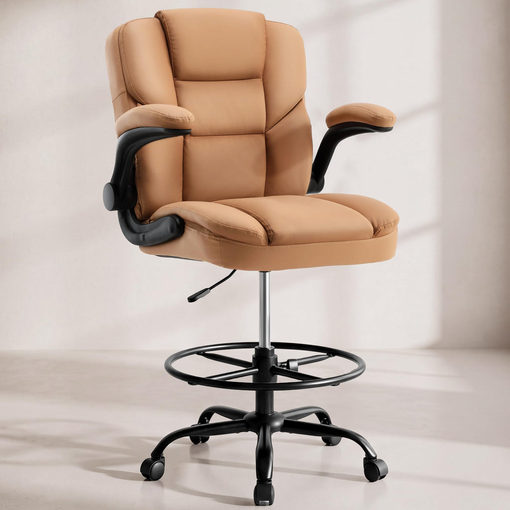 Brown PU Leather Drafting Chair with Flip-up Armrests D17060