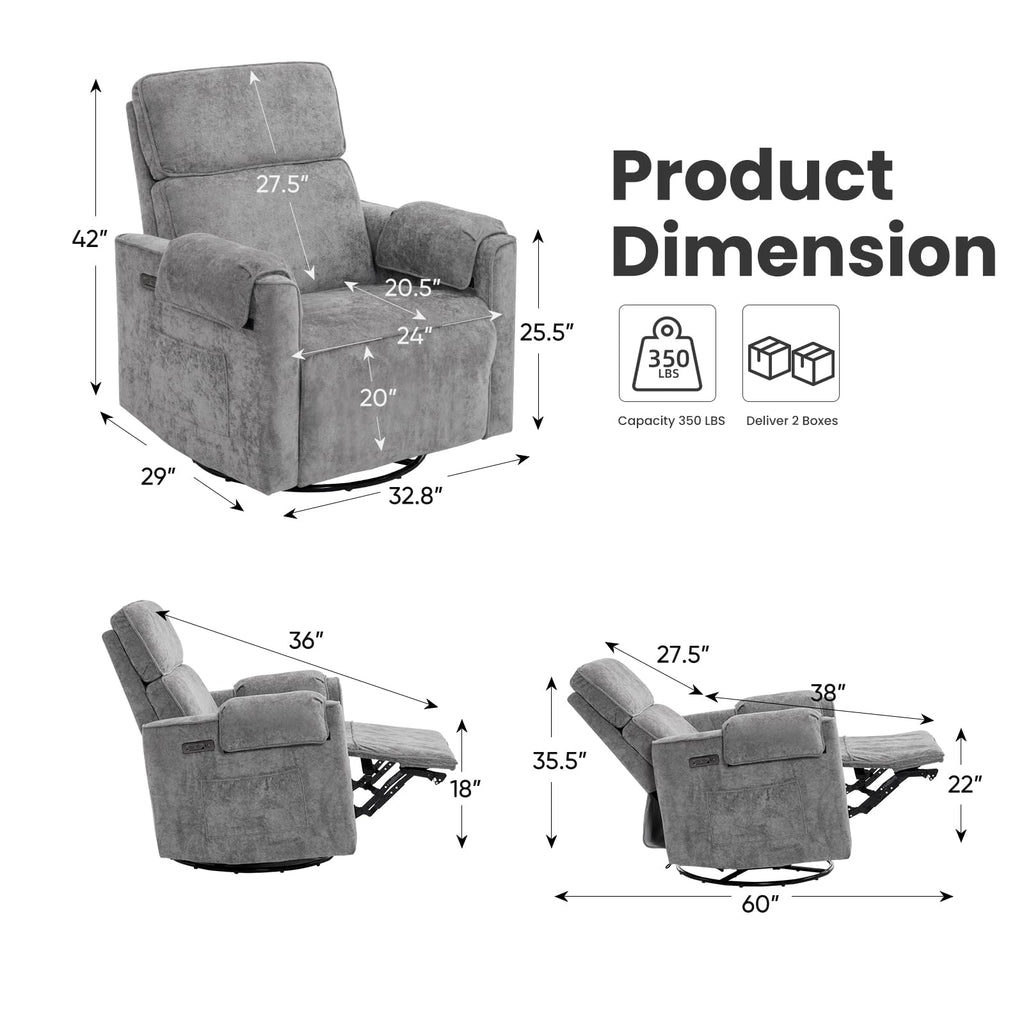 Oversized Swivel Rocking Recliner Chair with USB Ports, Grey Q6316