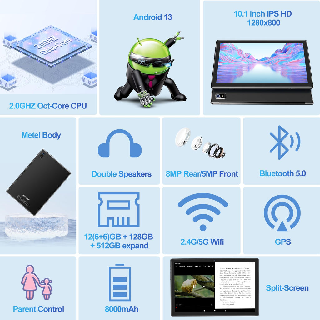Black 12GB RAM 128GB ROM 10 Inch Android Tablet with Keyboard X7356