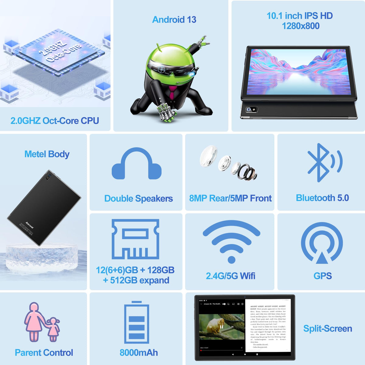 Black 12GB RAM 128GB ROM 10 Inch Android Tablet with Keyboard X7356