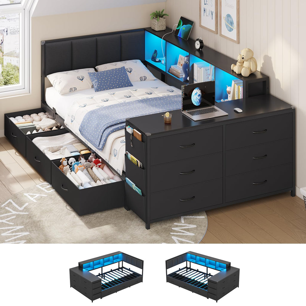 Twin Corner Bed with 6 Storage Dressers, 3 Drawers & Bookcase, Charging Station and LED Light, Desk, Upholstered Headboard, Black S92803