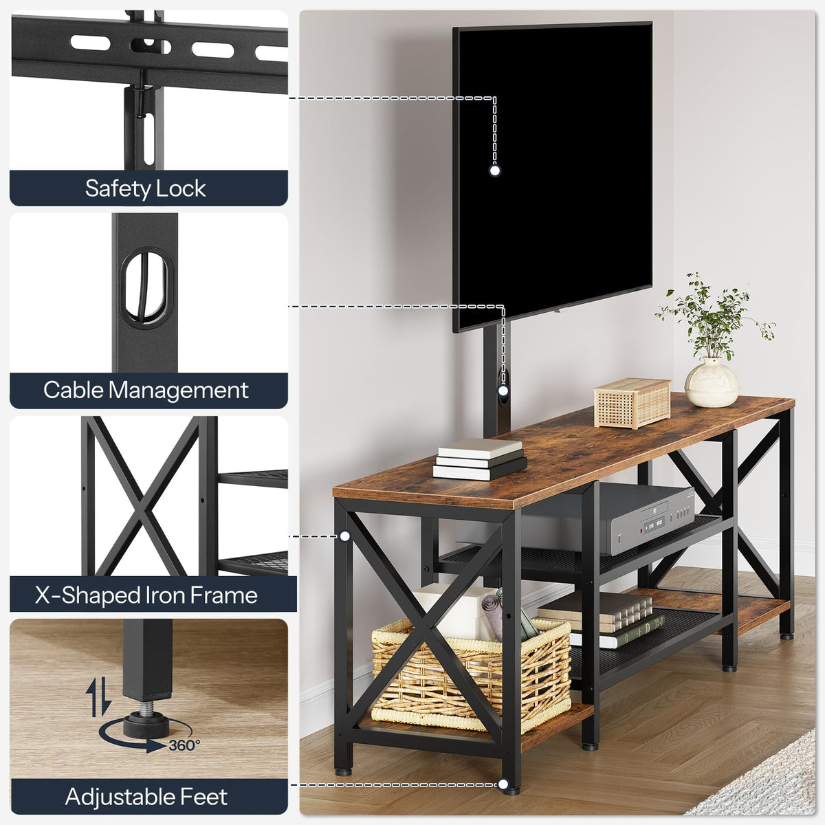 Rustic Brown 3-Tier TV Stand with Swivel Mount and Power Outlet D250858