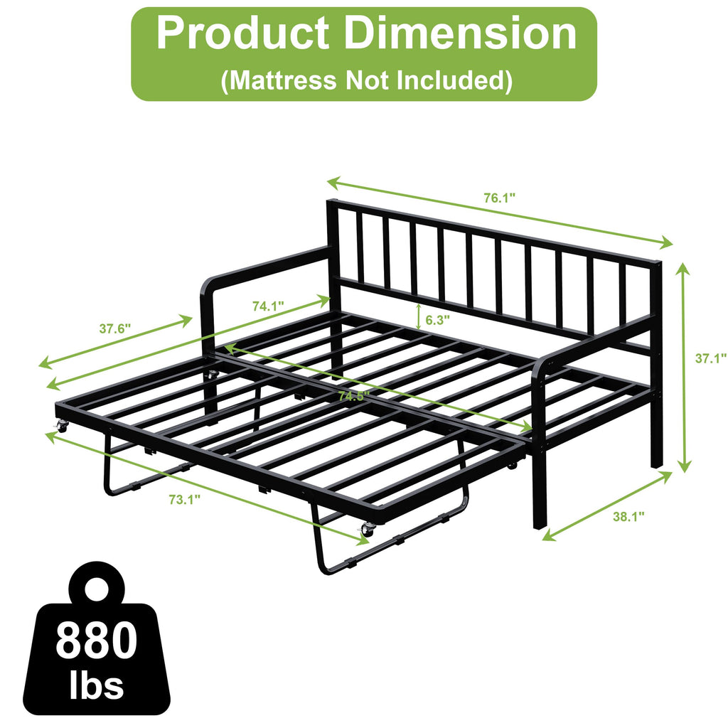 Twin Daybed with Pop Up Trundle, Metal Steel Slats, Black M654