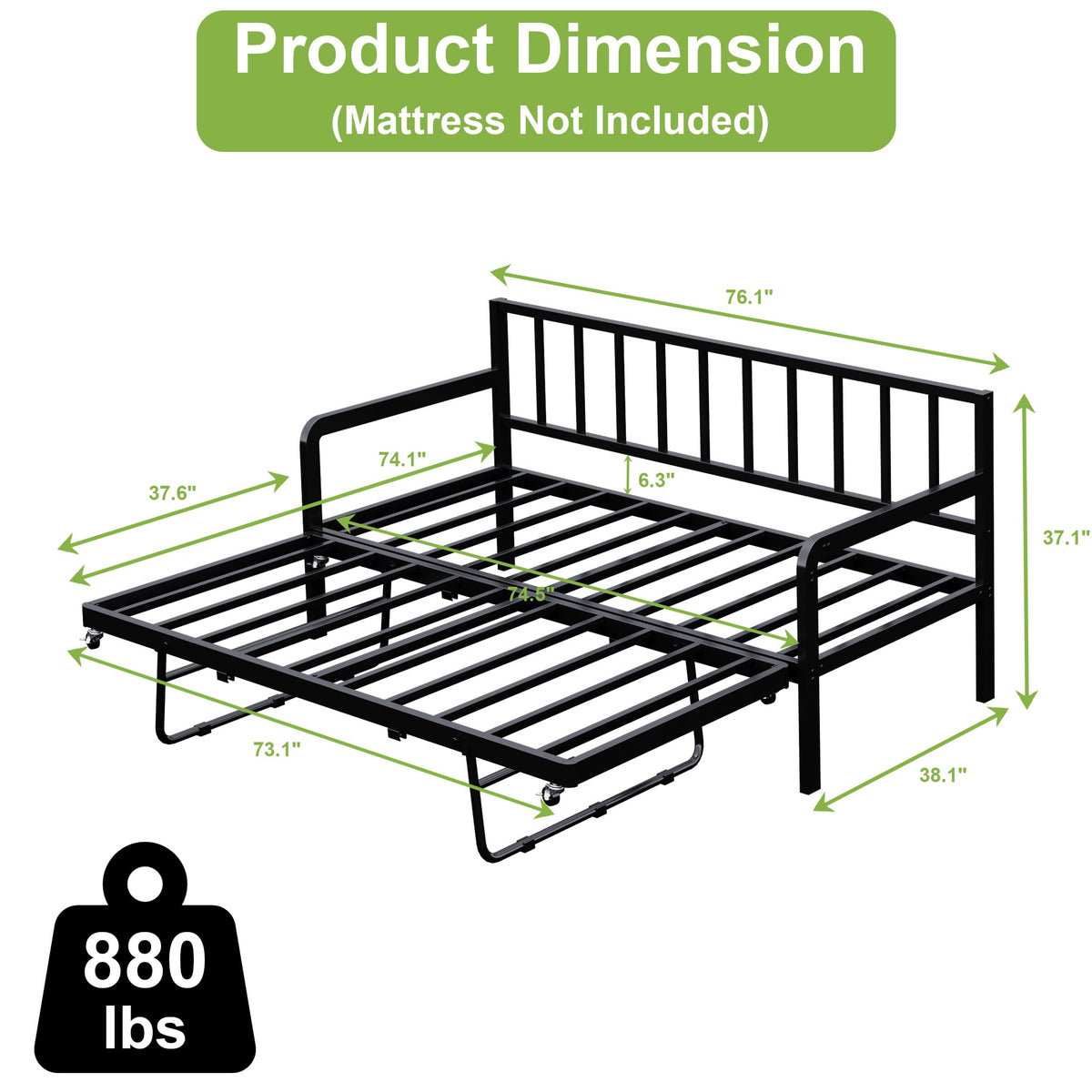 Twin Daybed with Pop Up Trundle, Metal Steel Slats, Black M654