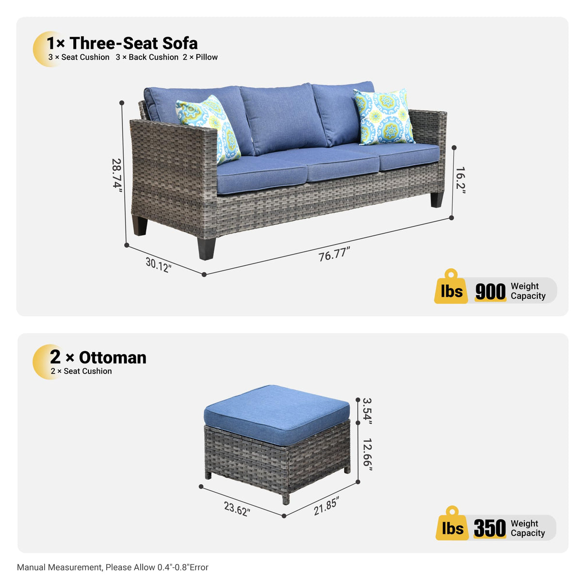 3 Pieces Wicker Rattan Patio Furniture Set with Ottomans B12343