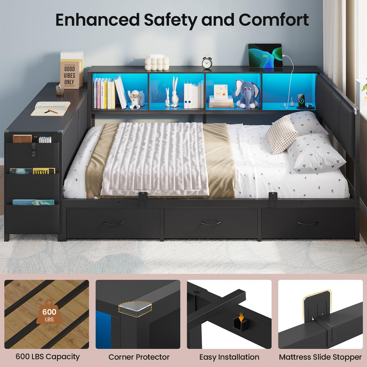 Twin Corner Bed with 6 Storage Dressers, 3 Drawers & Bookcase, Charging Station and LED Light, Desk, Upholstered Headboard, Black S92803