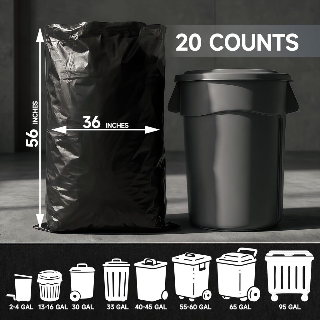 55 Gallon 2 Mil Black Heavy Duty Trash Bags, 20 Count C1645