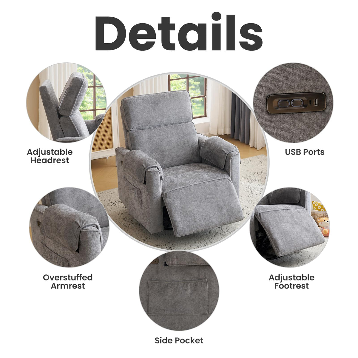 Oversized Swivel Rocking Recliner Chair with USB Ports, Grey Q6316