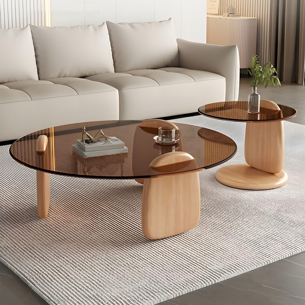 Nesting Coffee Table Set of 2 Glass Round Top Wood Legs D8780