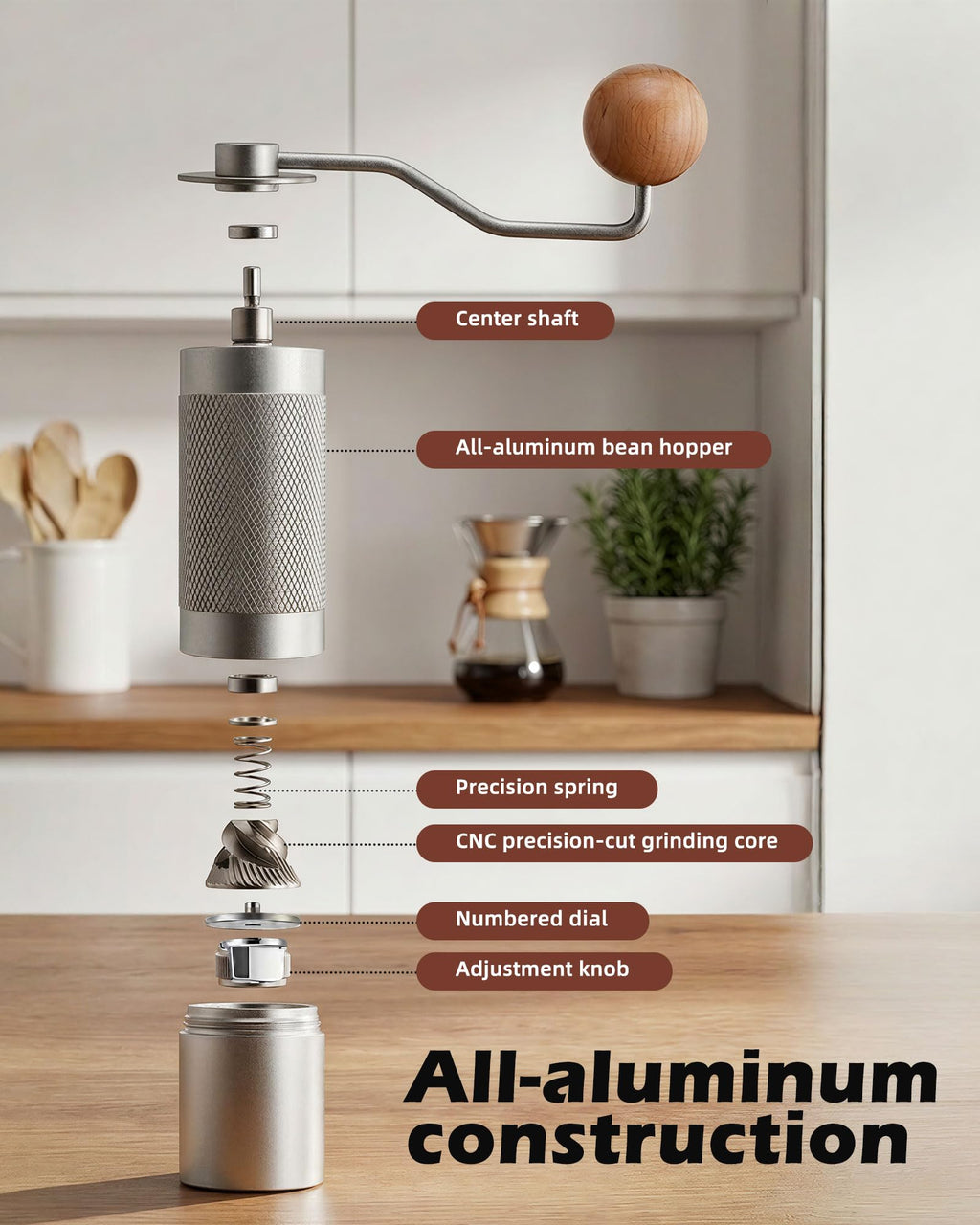 Manual Stainless Steel Conical Burr Coffee Grinder with Adjustable Settings K87740