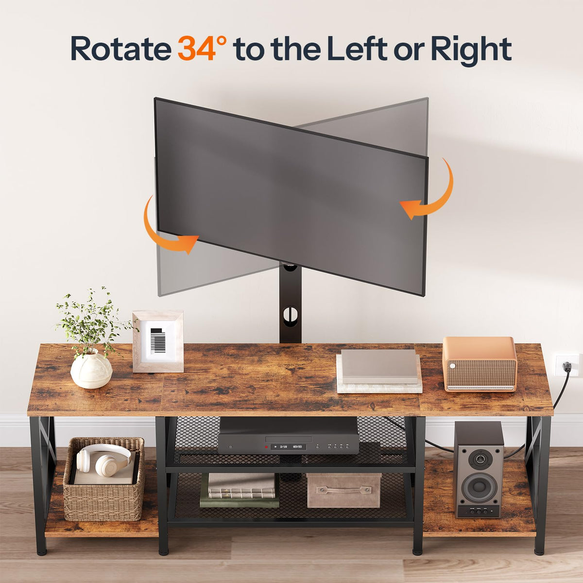 Rustic Brown 3-Tier TV Stand with Swivel Mount and Power Outlet D250858