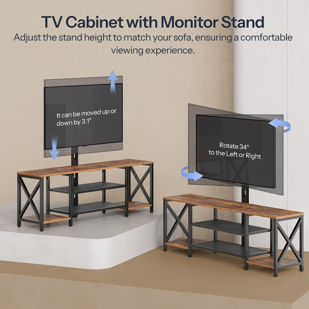 Rustic Brown 3-Tier TV Stand with Swivel Mount and Power Outlet D250858