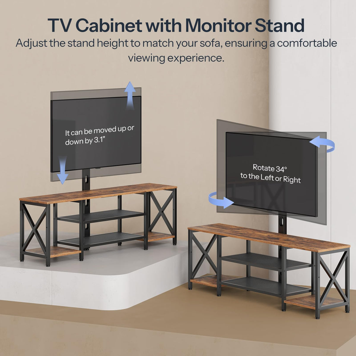 Rustic Brown 3-Tier TV Stand with Swivel Mount and Power Outlet D250858