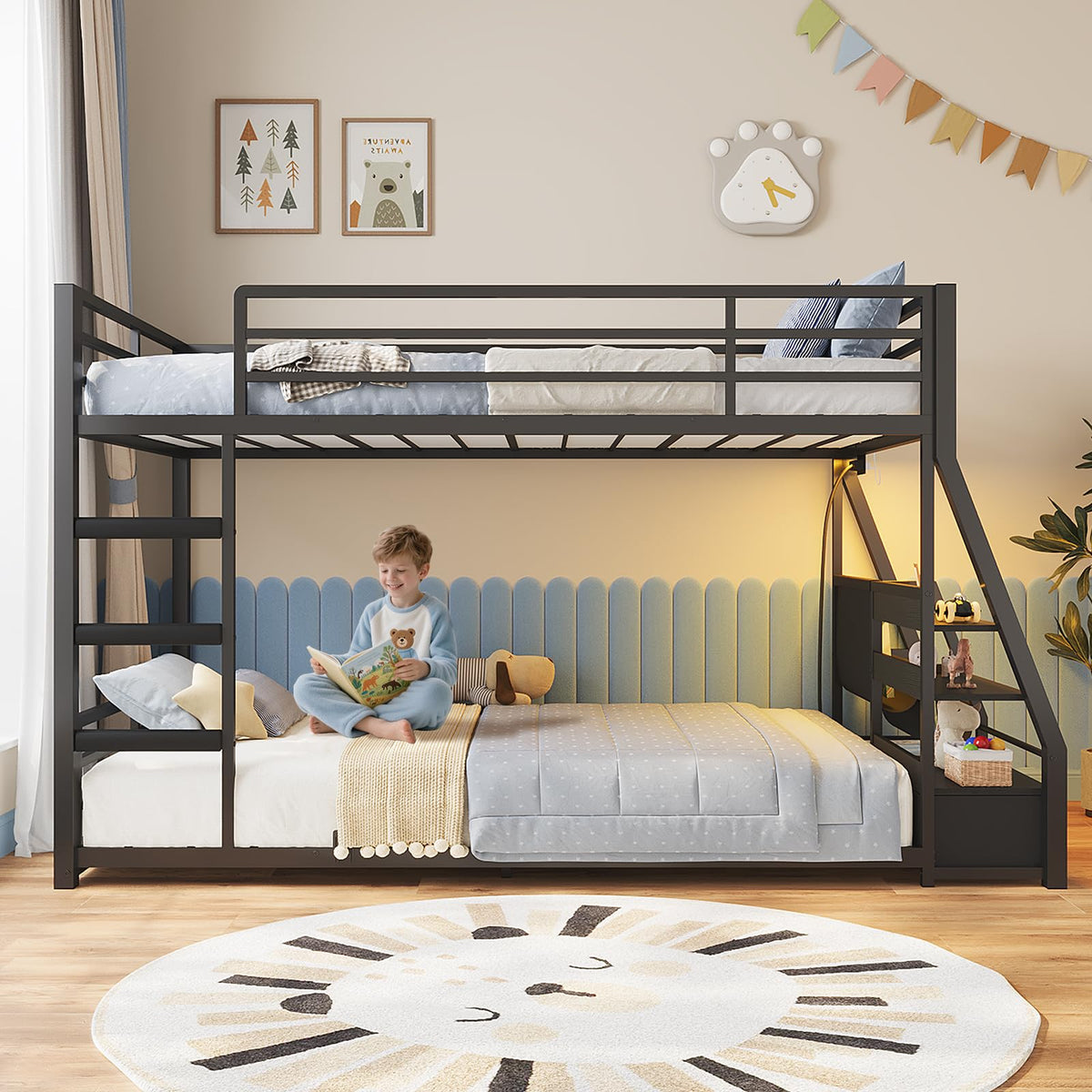 Black Bunk Bed with Bookshelves and Storage Drawers Z135