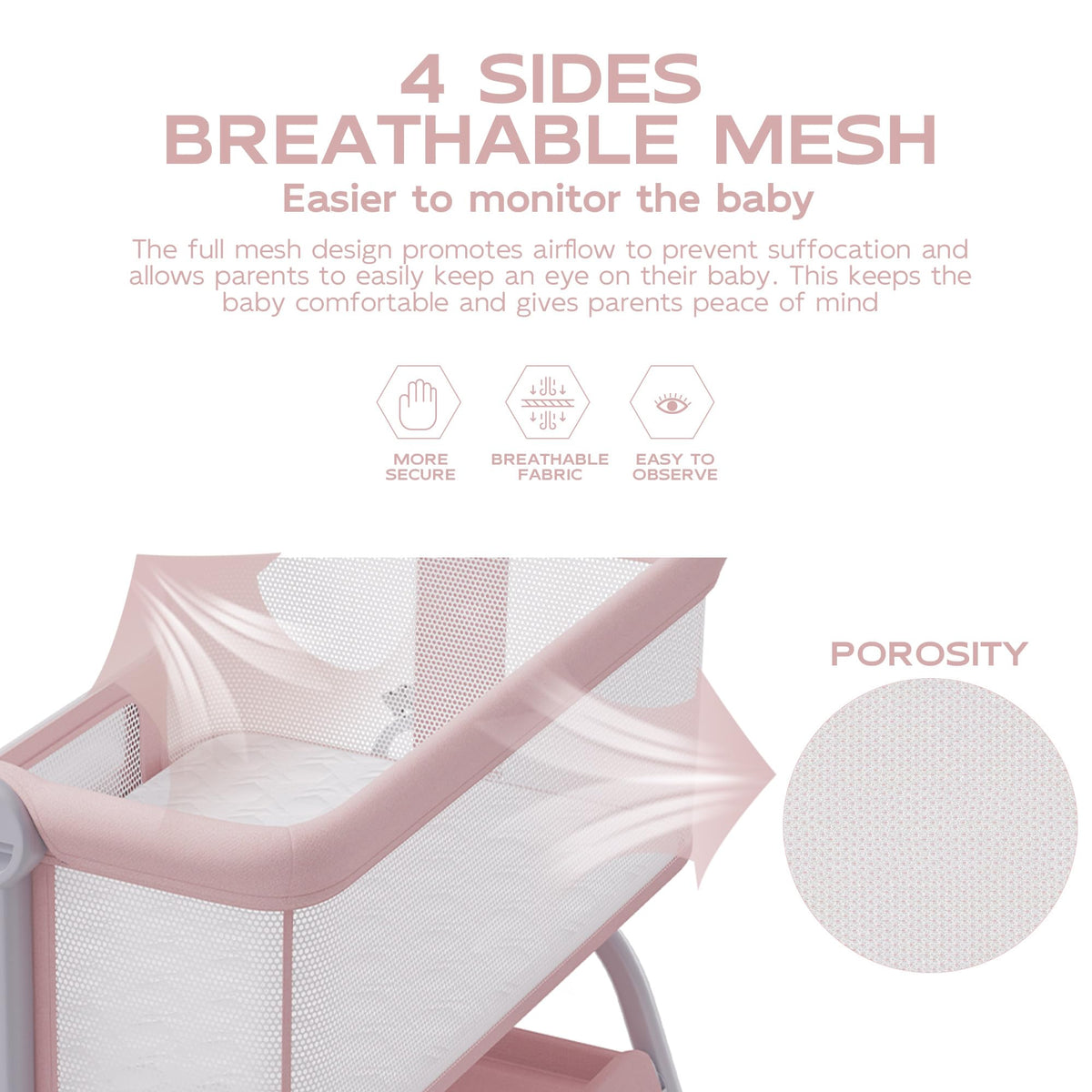 Baby Bassinet Bedside Crib with Mattress & Sheet, 4-Sided Mesh, Pink U3614