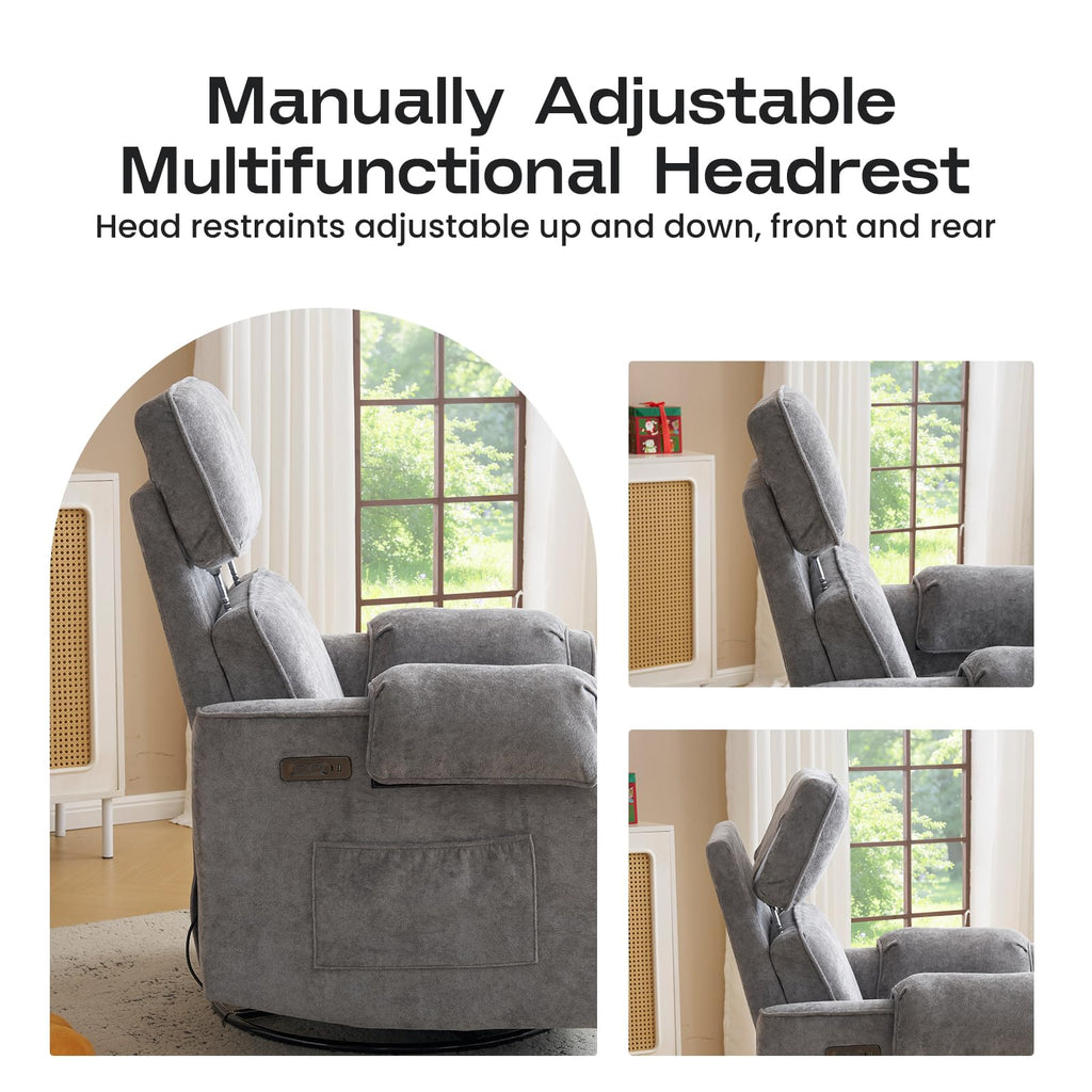Oversized Swivel Rocking Recliner Chair with USB Ports, Grey Q6316