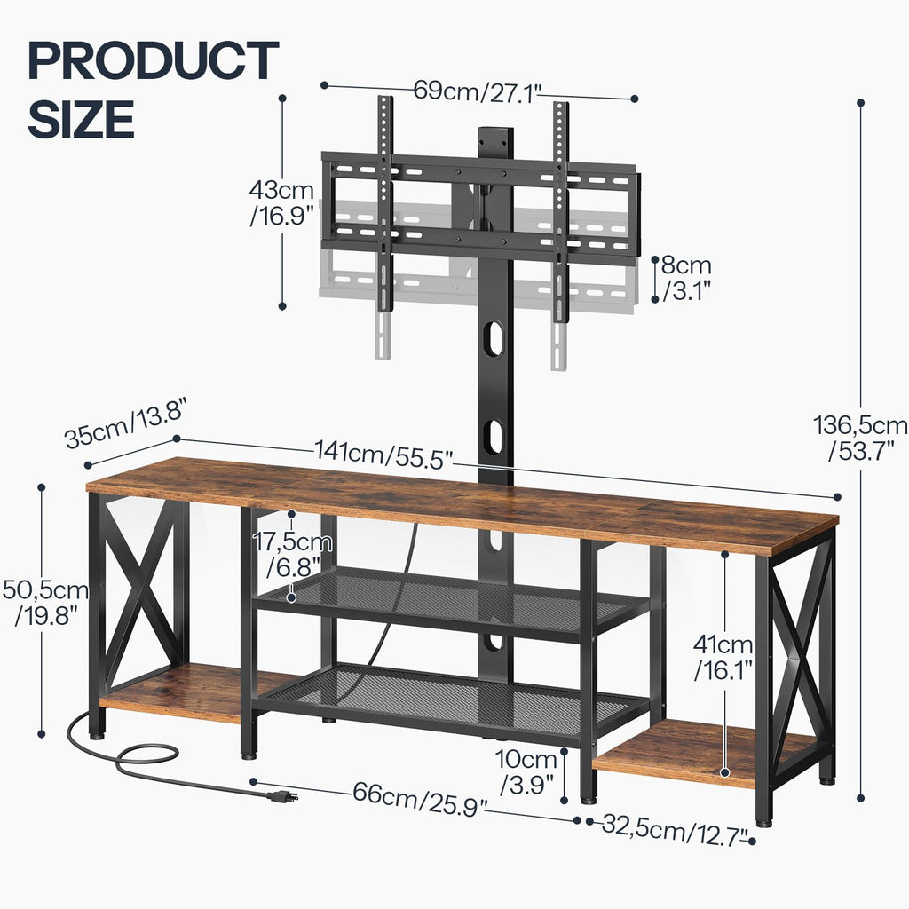 Rustic Brown 3-Tier TV Stand with Swivel Mount and Power Outlet D250858