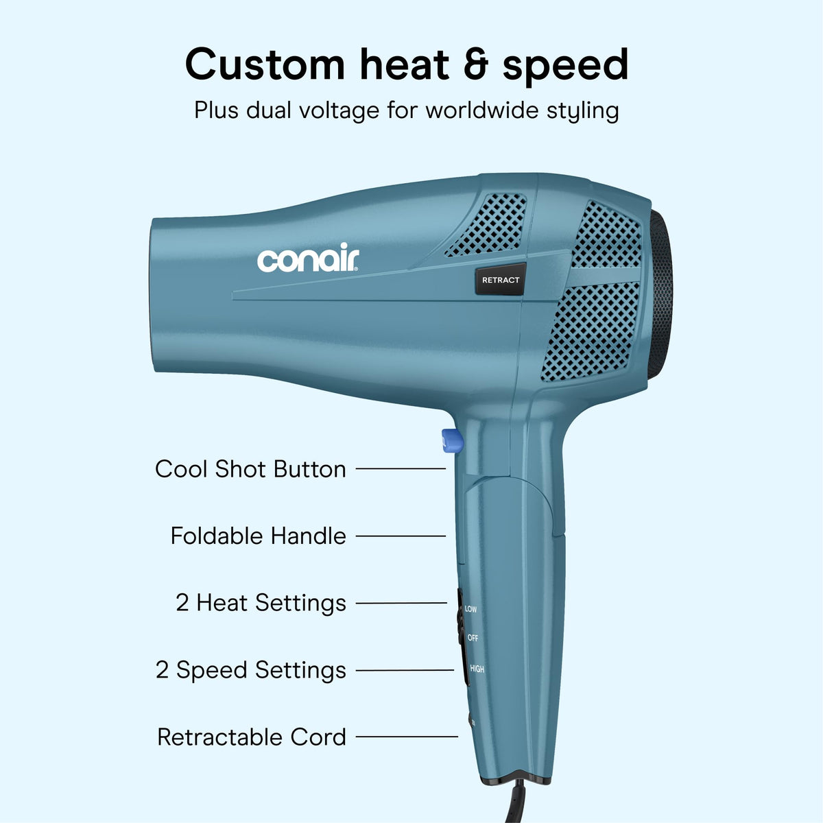 Blue 1875W Dual Voltage Folding Travel Hair Dryer R911096