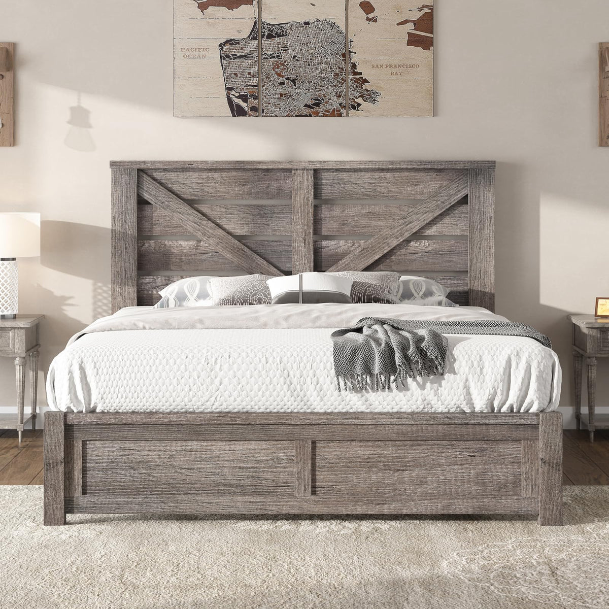 Gray Full Size Bed Frame with Barn Door Headboard L436