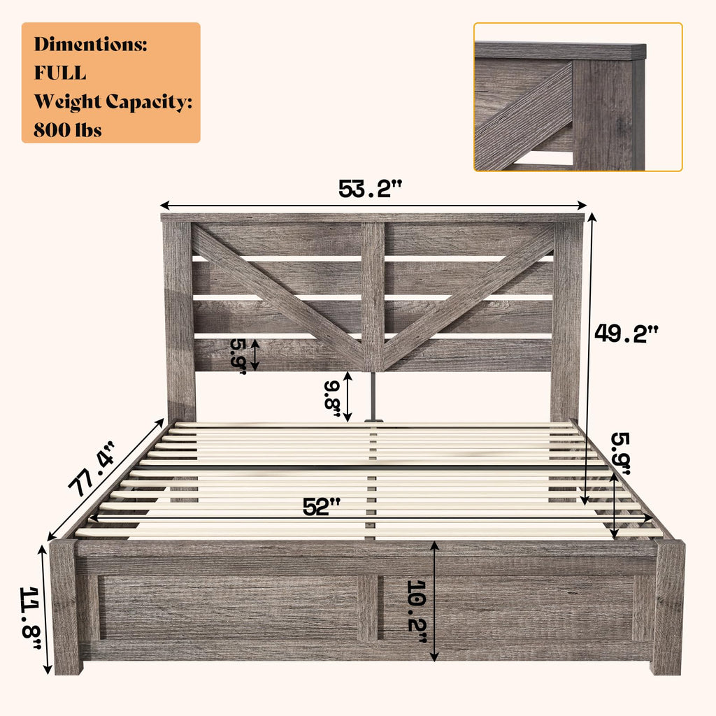 Gray Full Size Bed Frame with Barn Door Headboard L436